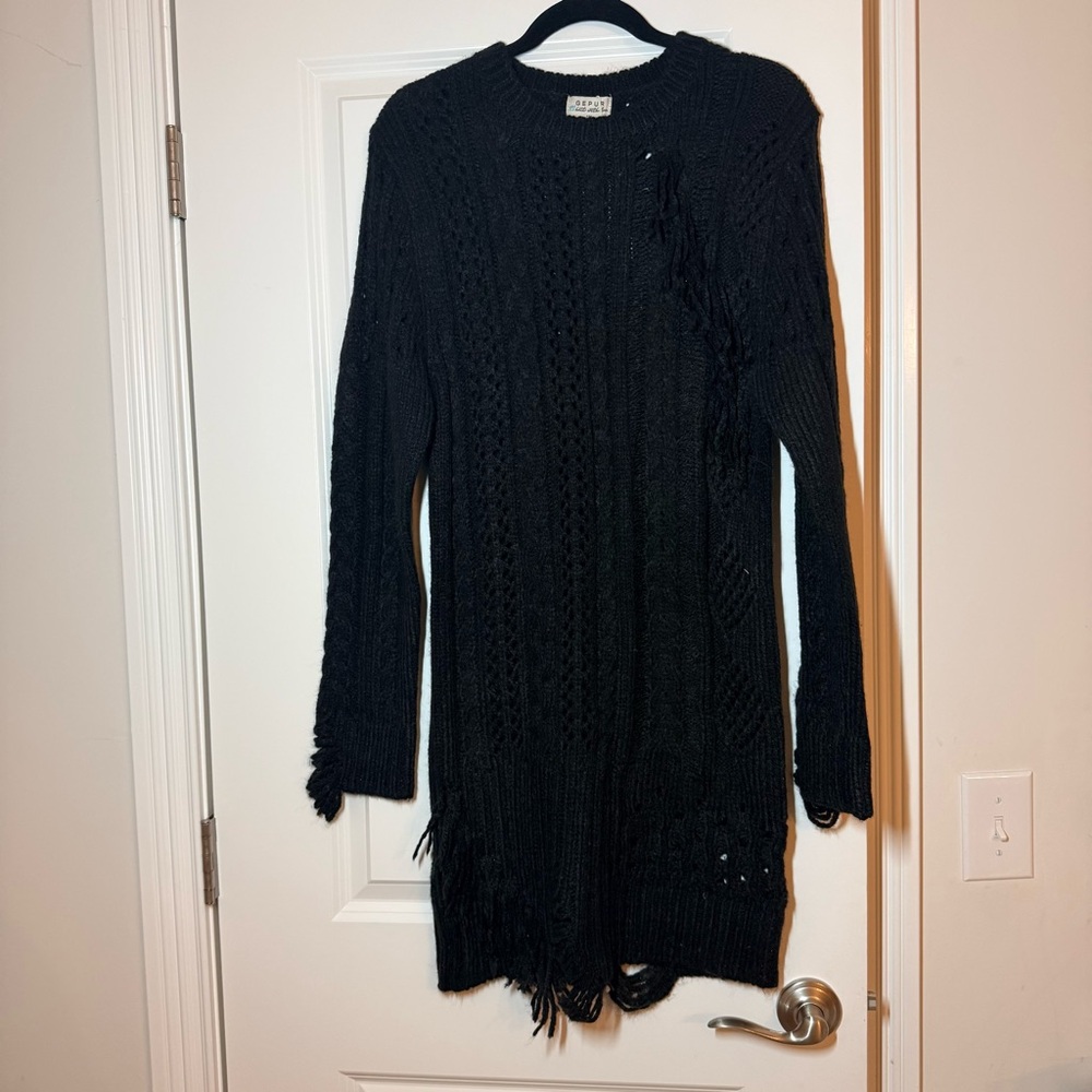 Chic Black Knit Dress with Fringe Details